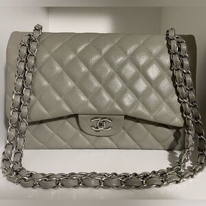 Authentic CHANEL Classic Double Flap Jumbo Caviar Gray Bag